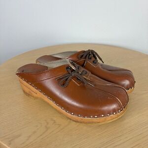 Bastad-Original Brown Leather Wooden Clogs Boho Retro Lace Up Mules Women's 37